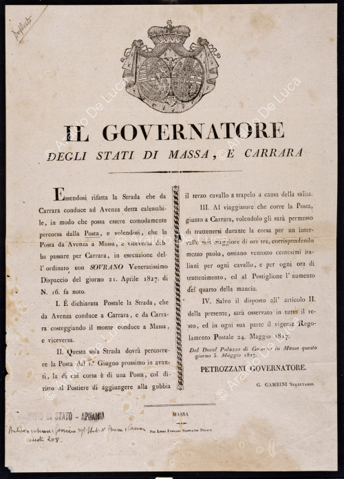 Comunicazione del governatore degli Stati di Massa e Carrara su una strada postale