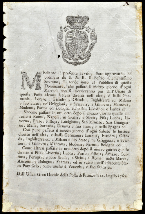 Comunicazione dell'Ufficio Gran Ducale della Posta di Firenze del 21 luglio 1767