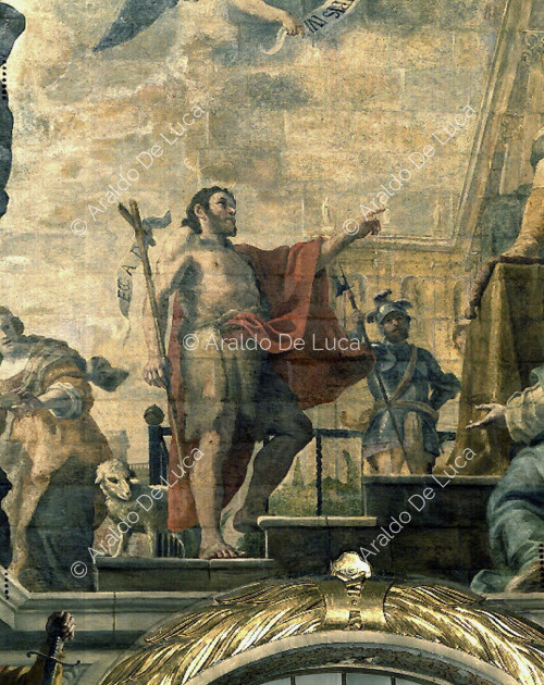 Scene della vita di San Giovanni Battista. S. Giovanni Battista rimprovera Erode per la sua immoralità. Particolare 
