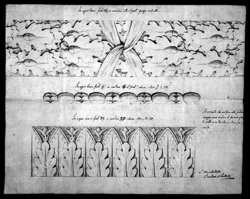 Disegno di tre intagli per le basi dei pilastri della Sala del trono