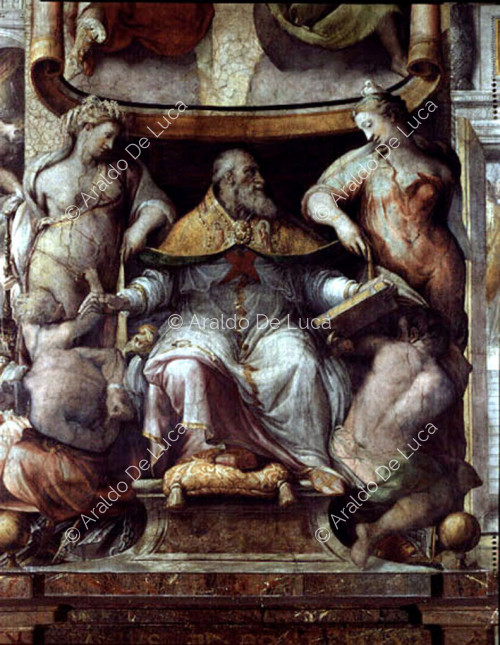 Hechos de Pablo III. Detalle con el Papa Pablo III entronizado entre las alegorías de la Religión y la Paz.