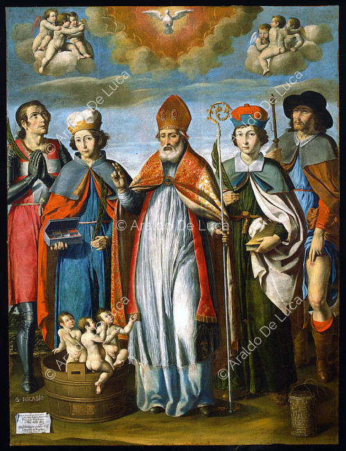 San Nicolás de Bari entre los santos Cosme, Damián, Roque y Nicasio