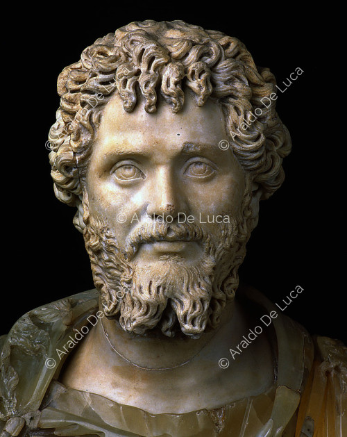 portrait bust of Emperor Septimius Severus with hair and beard with ringlets rendered with drill bust with paludamentum laced over shoulder and with fringes