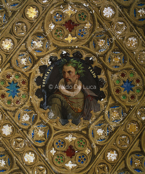 Villa Torlonia. Fresco with columns. Detail with portrait of Torquato Tasso