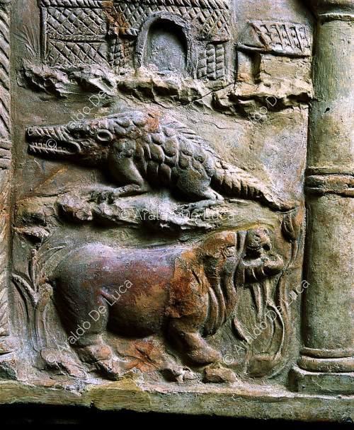 Relief with hippopotamus and crocodile. Detail