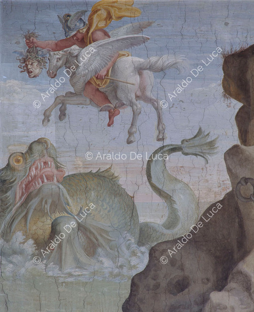 Galería de los Carracci. Fresco de la bóveda con Andrómeda. Detalle con Perseo y Pegaso
