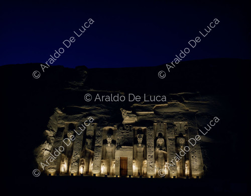 Exterior of the Temple of Hathor and Nefertari (detail - night view)