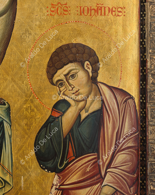 Zweiseitige Ikone mit Kreuzigung und Auferstehung. Seite mit Kreuzigung. Detail mit dem Heiligen Johannes