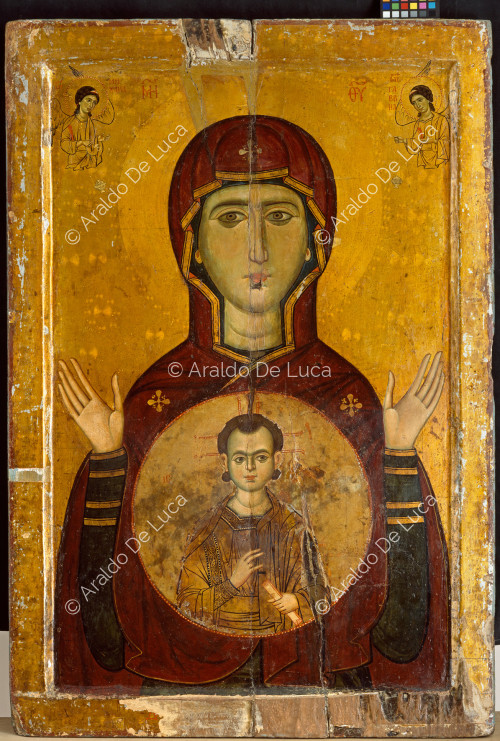 Icono con la Virgen y el Niño coronados