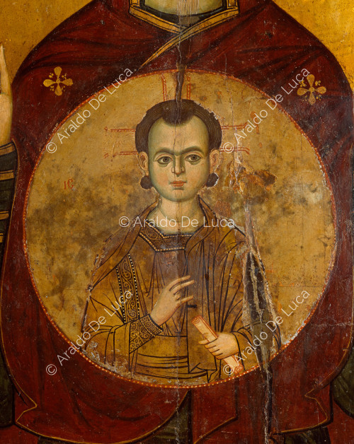 Icono con la Virgen y el Niño coronados. Detalle con el Niño Jesús