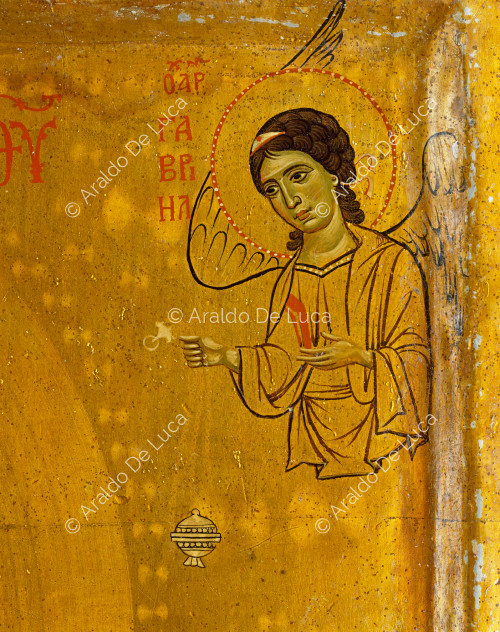 Icono con la Virgen y el Niño coronados. Detalle con el Arcángel Gabriel