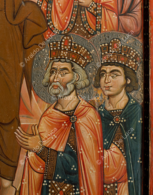 Zweiseitige Ikone mit der Kreuzigung und der Auferstehung. Seite der Auferstehung. Detail der Schirmherren