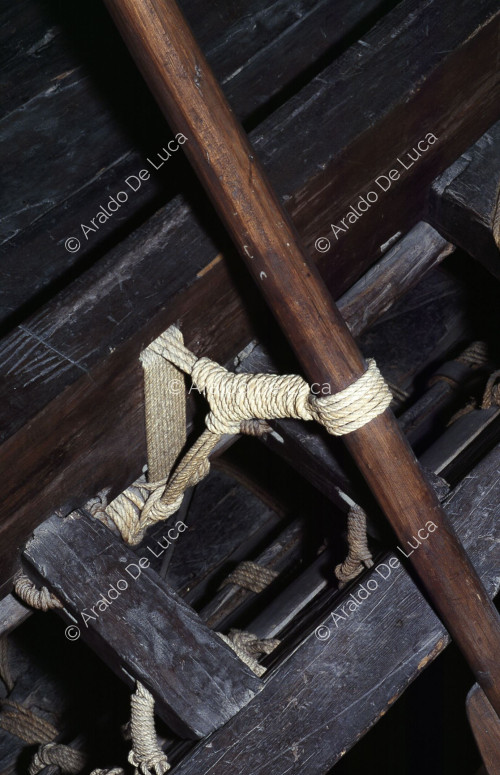 Solar Ship of Cheops: detail of the ropes and wooden planks