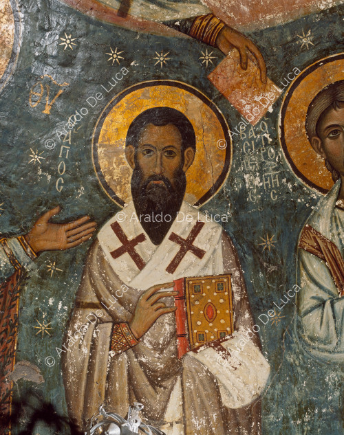 Fresco absidal con Cristo Pantocrátor Virgen y Santos. Detalle con Santo