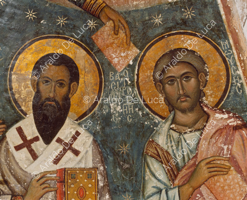Fresko mit Christus Pantokrator, Jungfrau und Heiligen. Detail mit Heiligen