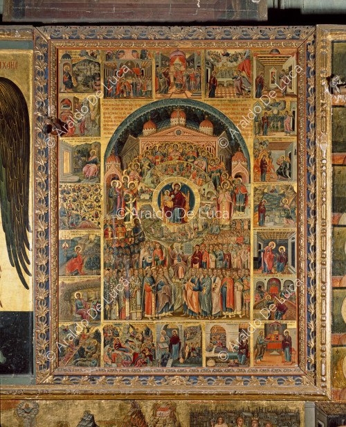 Icona con Vergine e Gesu Bambino in trono e Santi.