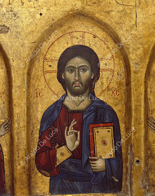 Ikonostase mit Christus zwischen Jungfrau und Heiligen. Detail mit Christus Pantokrator