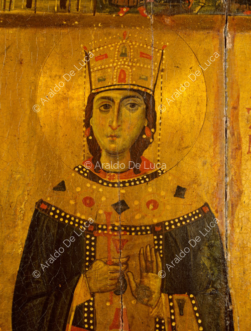 Ikone mit der Heiligen Katharina von Alexandrien. Gesichtsausschnitt