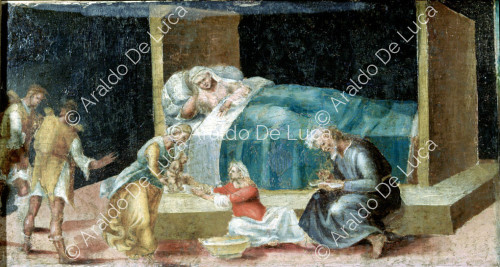 Madonna mit Kind in der Glorie mit den Heiligen Petrus, Paulus, Bernhard und Stephanus. Detail der Predella mit der Geburt des Heiligen Johannes des Täufers