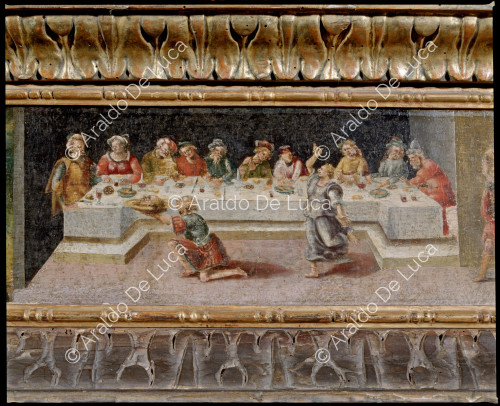 Vierge à l'enfant en gloire avec les saints Pierre, Paul, Bernard et Étienne. Détail de la prédelle avec le banquet d'Hérode
