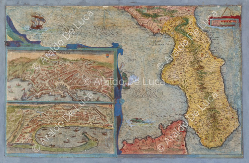Mapa de Calabria con plazas y detalles de las ciudades de Nápoles y Mesina