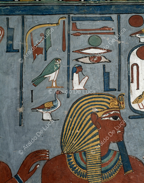 Detalle de Ramsés I entre Horus y Anubis