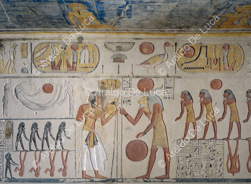 Libro de la Cueva: Ramsés IX realiza libaciones, deidades y enemigos decapitados y boca abajo