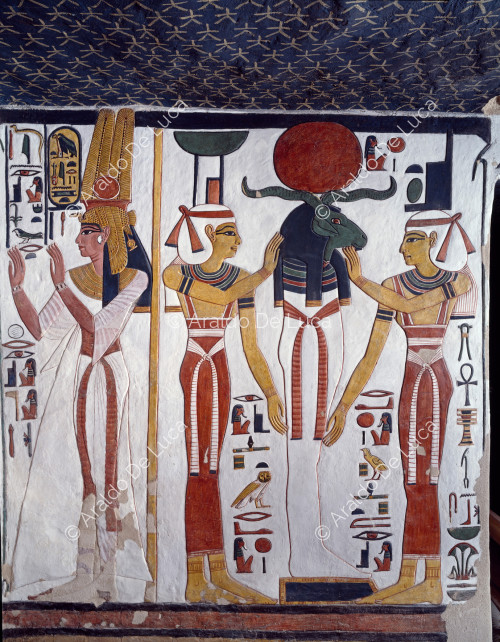 Isis and Nephthys protect a mummiform god with a ram's head