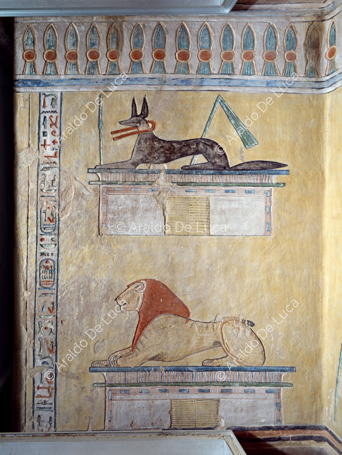 Anubis et félin sur la tombe de Khaemuaset