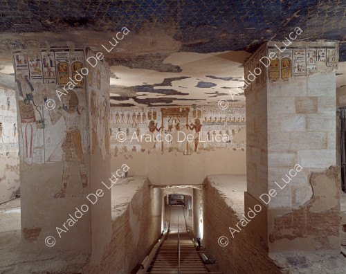 View of the first chamber with pillars of the tomb of Merenptah