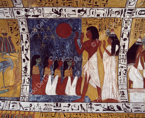 Detalle de la pared nº 10 de la cámara funeraria de la tumba de Sennedjem. Sennedjem y su esposa rinden culto a cinco espíritus estelares, representados en forma humana y coronados por símbolos estelares y el disco solar.
