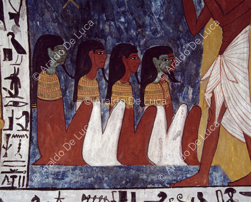 Detalle de la pared nº 10 de la cámara funeraria de la tumba de Sennedjem. Sennedjem y su esposa adoran a cinco espíritus estelares, representados con forma humana.