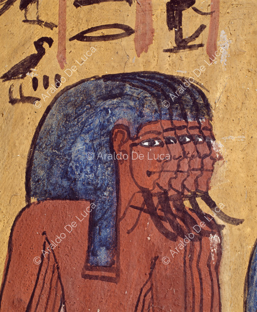Detalle de la pared nº 10 de la cámara funeraria de la tumba de Sennedjem. Hay una representación de la barca solar en la que viajan los difuntos: el detalle representa esta última.