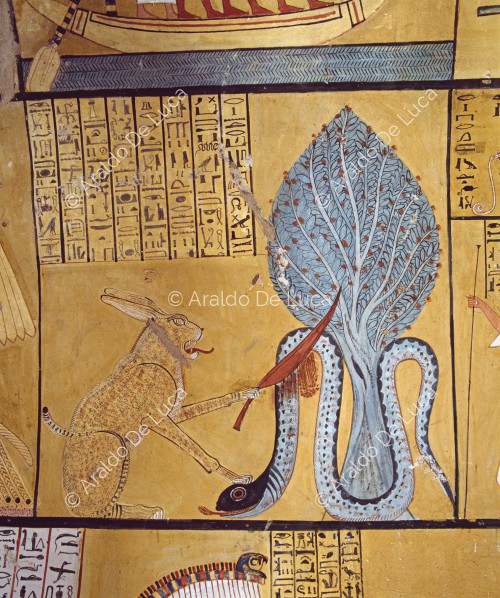 Escena en la pared izquierda de la cámara funeraria de la tumba de Inherkau. Representa al Gato del Sol, llamado en la inscripción 