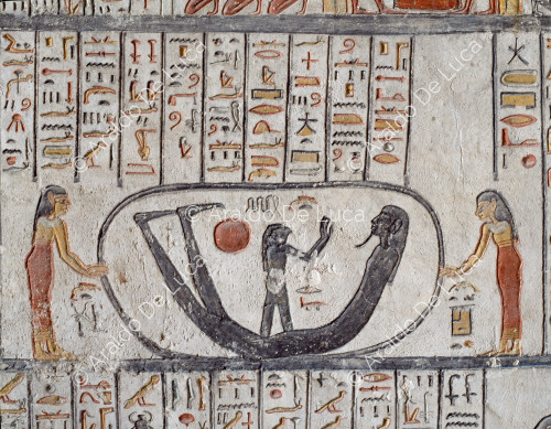 Book of the Earth: Isis and Nephtis lift the body of Osiris