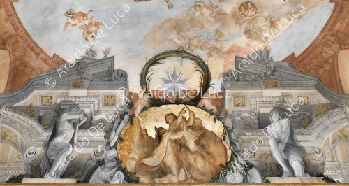 Stella araldica Altieri entro una corona vegetale sovrastante un medaglione con Romolo che appare a Giulio Proculo; cornice architettonica con Atlanti - L'Apoteosi di Romolo, particolare