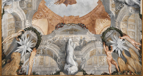 Architectural and decorative frame with cherubs supporting plant crowns and Atlas - The Apotheosis of Romulus, detail