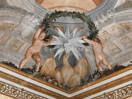 Star heraldry Altieri within a plant crown supported by cherubs and eagle - The Apotheosis of Romulus, detail