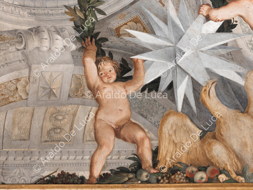 Amorcillo que sustenta la corona vegetal con la estrella heráldico Altieri y águila - La Apoteosis de Romulus, particular