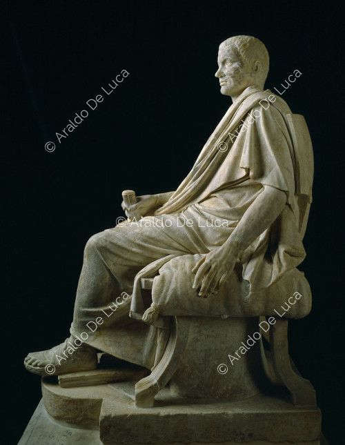 Statua di togato con rotolo in mano, part.