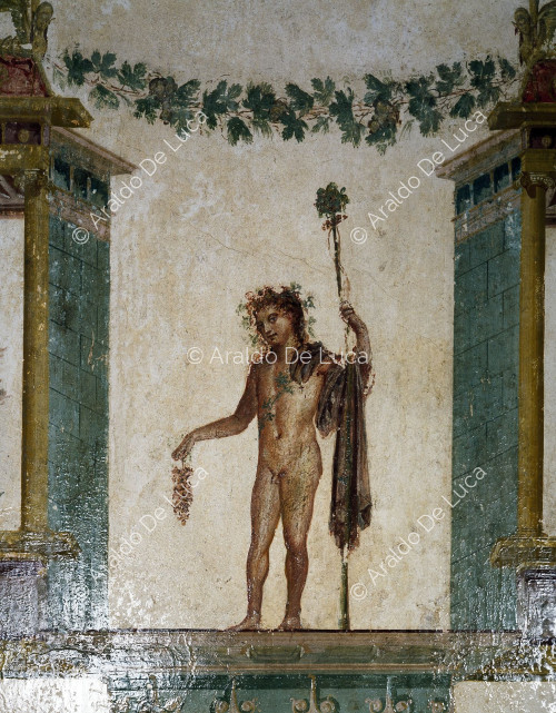 Casa de Julio Polibio. Oecus con frescos de estilo IV. Detalle con Dionisio