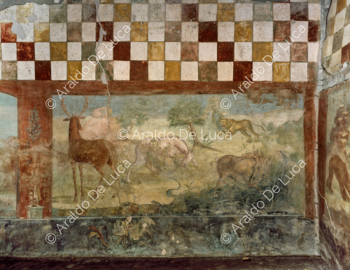 House of Marcus Lucretius Fronton. Peristyle. Fresco with wild animals. Detail