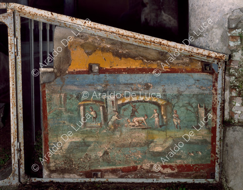 Haus der Ephebe. Sommerliches Triclinium. Fresko mit Landschaft