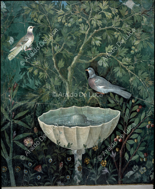 Fresko mit Paradeisos. Detail mit Springbrunnen und Vögeln