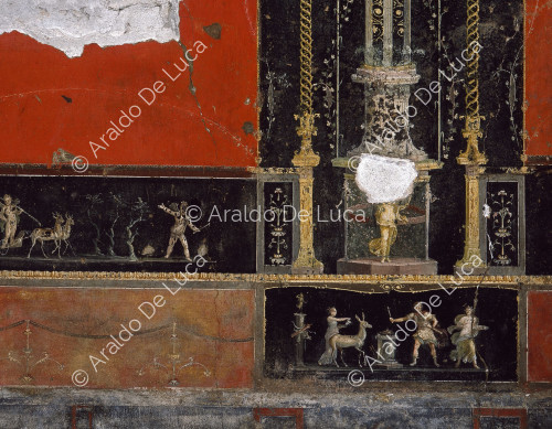 Maison des Vettii. Triclinium décoré de fresques dans le style IV. Détail avec Agamemnon et Iphigénie