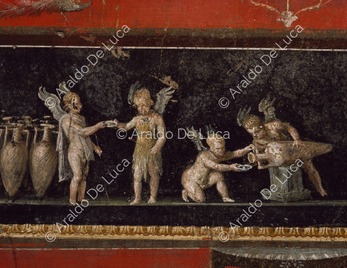 House of the Vettii. Triclinium frieze. Fresco with cupids selling wine