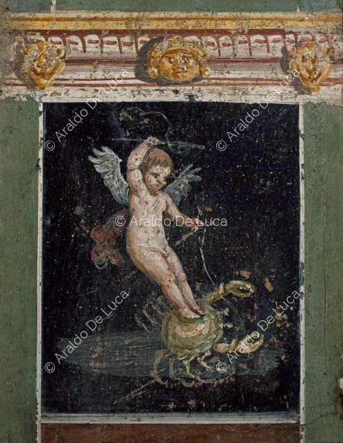 Maison des Vettii. Atrium. Fresque avec Cupidon chevauchant un crabe