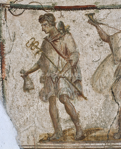 Via dell'Abbondanza. Thermopolis. Lararium fresco. Detail with Mercury